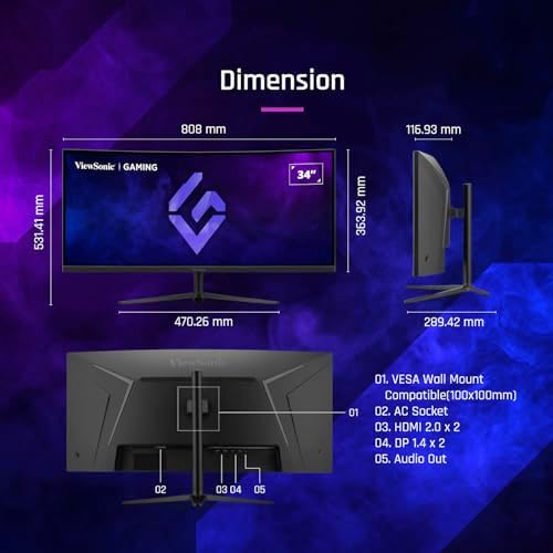 ViewSonic VX3418C-2K 34 Inch 1440p Ultrawide Curved Gaming Monitor, 180Hz and 1ms for Fast Gameplay, FreeSync Premium and HDR10 for Smooth Visuals, Full Ergonomic Adjustability, HDMI, and DisplayPort - Image 3