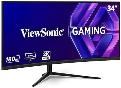 ViewSonic VX3418C-2K 34 Inch 1440p Ultrawide Curved Gaming Monitor, 180Hz and 1ms for Fast Gameplay, FreeSync Premium and HDR10 for Smooth Visuals, Full Ergonomic Adjustability, HDMI, and DisplayPort